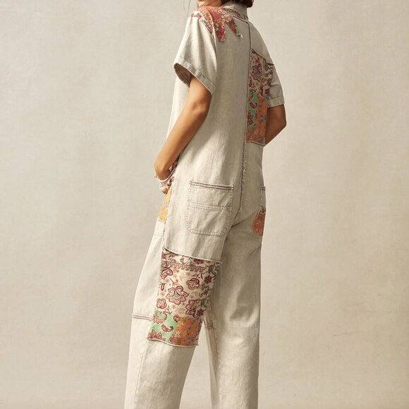 Khaki Casual Women's Boho Western Cowgirl Style Floral Patchwork Jumpsuit - Picture 7 of 7